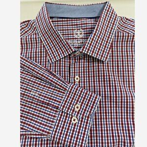 BUGATCHI Check Button Front Shirt 17 34/35 Red White Blue L/XL